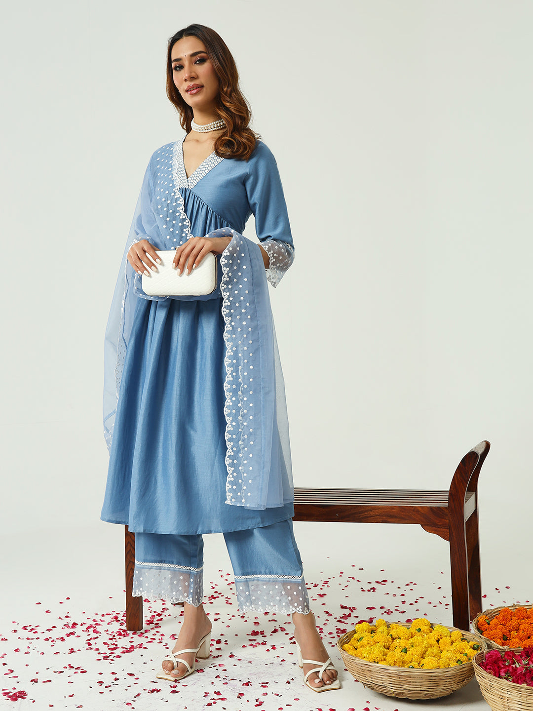 FIORRA Women's Blue Silk Blend Nayra Cut Kurta and Palazzo With Embroidered Dupatta